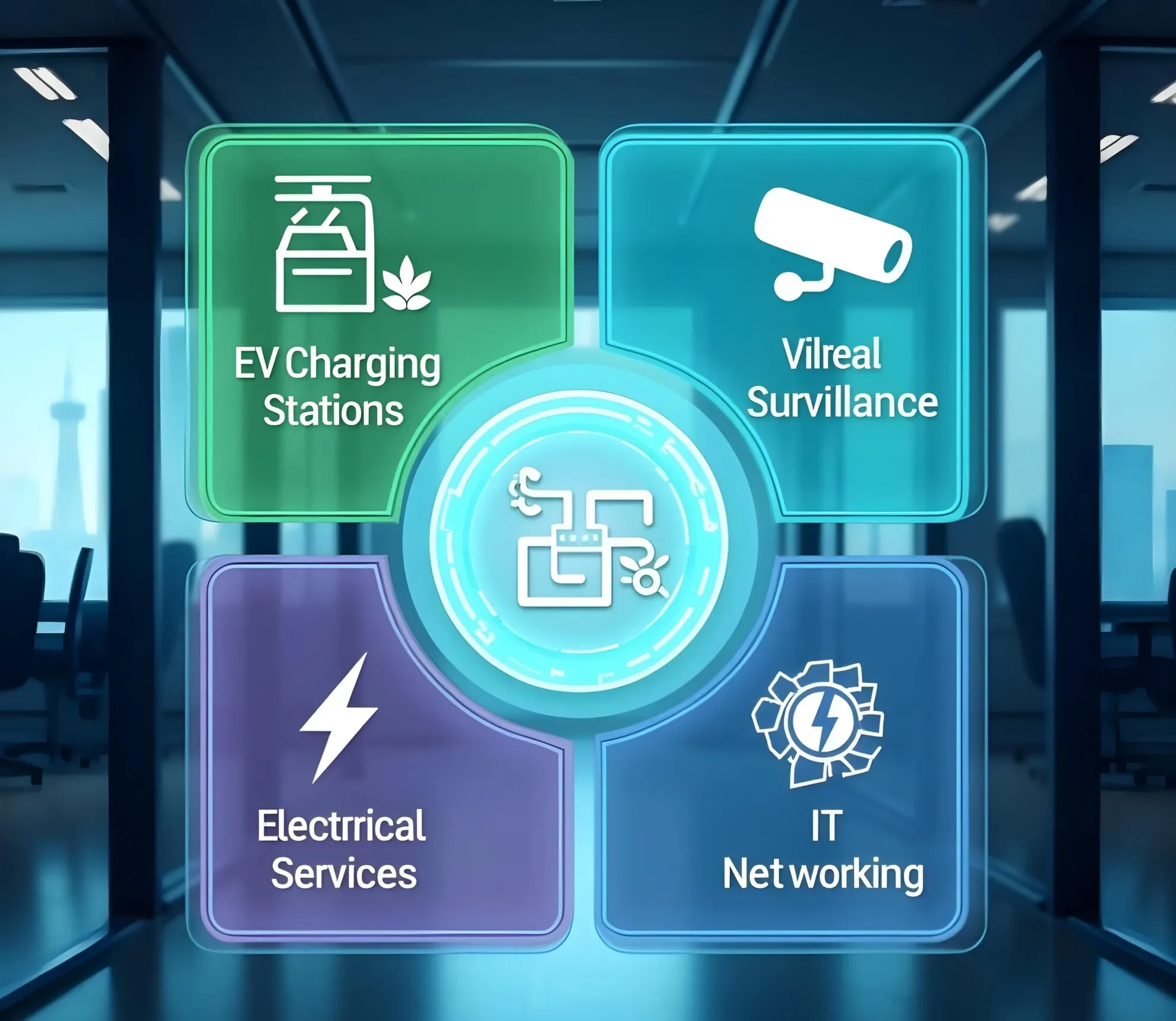 A modern and professional image showcasing four key services ev charging stations, video surveillance, electrical services, and it networking.1