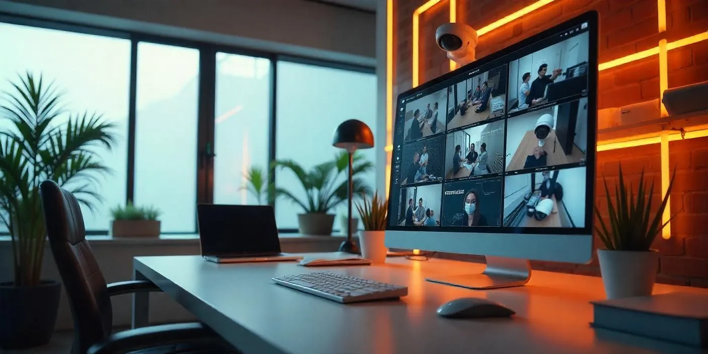 A high tech video surveillance system displayed in a modern office or home setting.