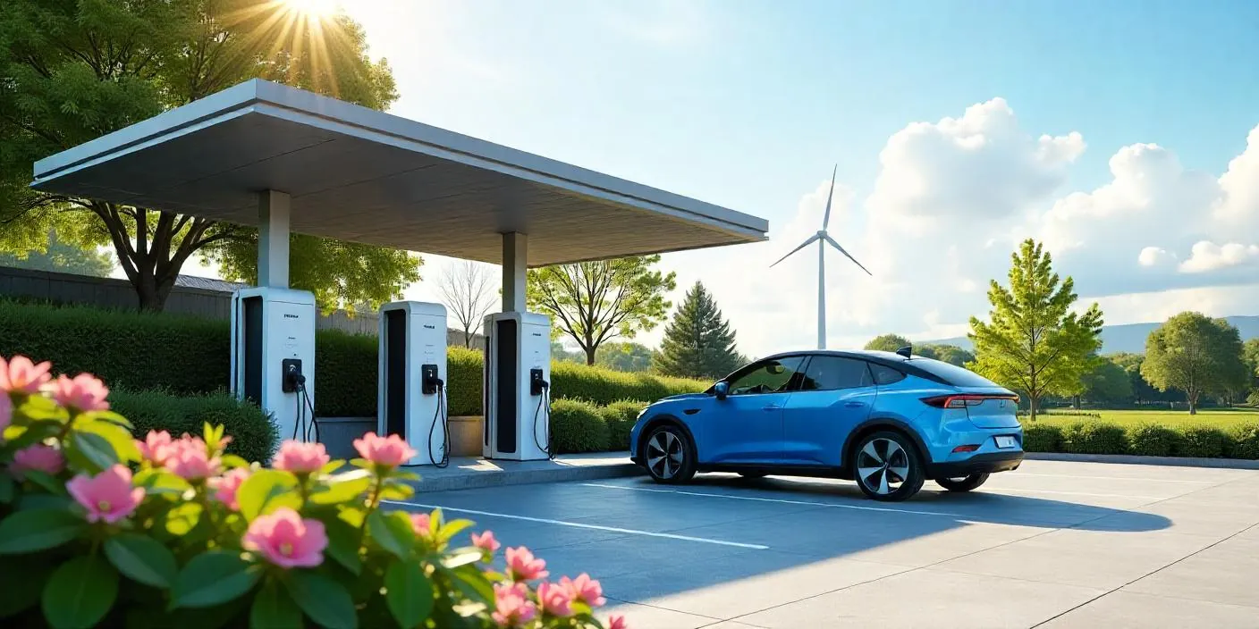 A modern electric vehicle charging station in an urban setting, surrounded by lush greenery.